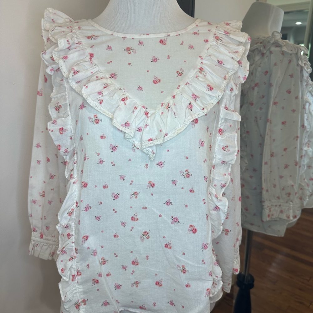 LoveShackFancy White Pink Floral Ruffle Blouse